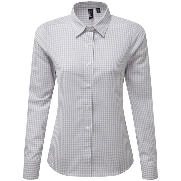 Premier Womens/Ladies Maxton Gingham Long-Sleeved Shirt / Silver/White - Picture 1 of 2
